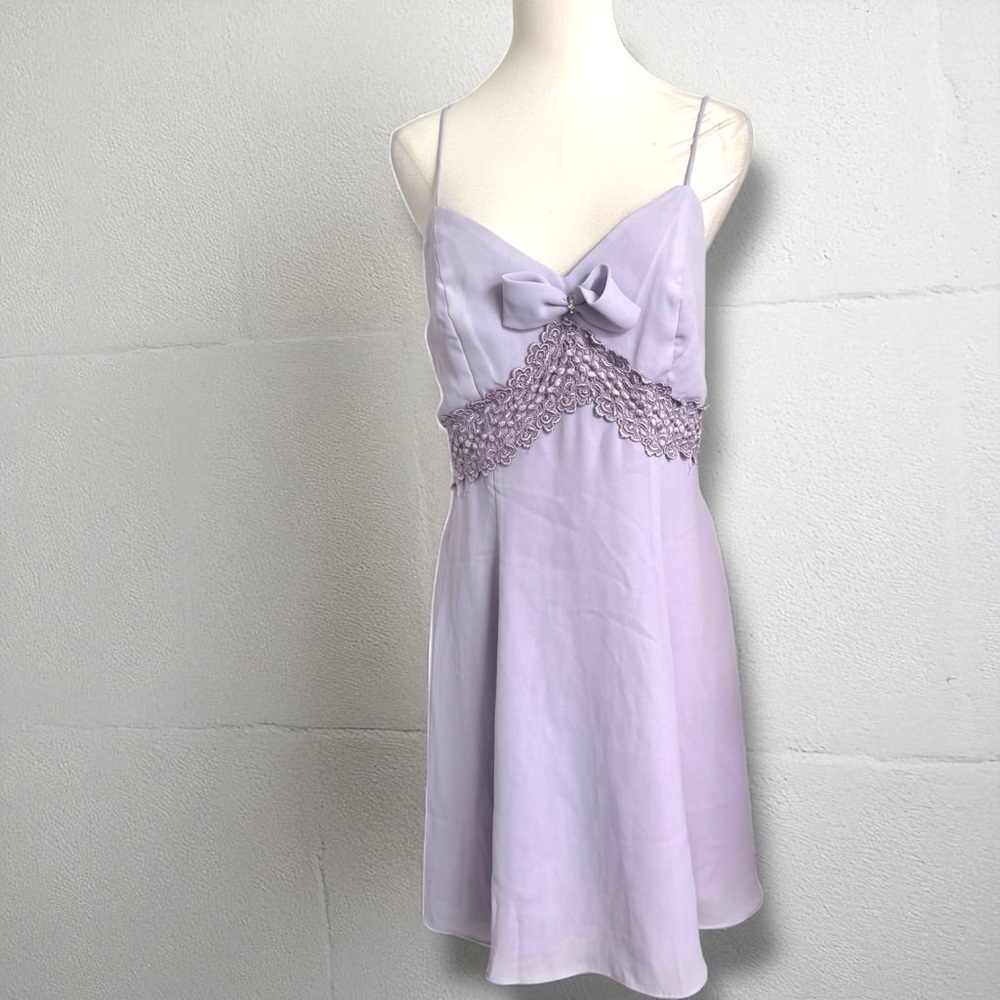 Vintage Y2K Lilac Dress – Bow Detail Lace Trim Fairycore Coquette L